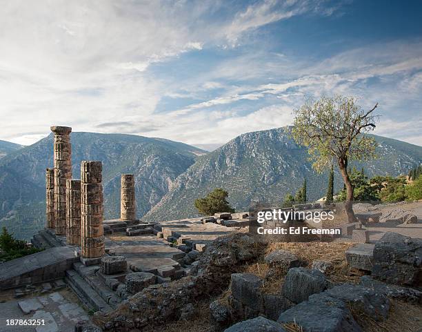 ancient ruins at delphi, greece - griechenland landschaft stock-fotos und bilder