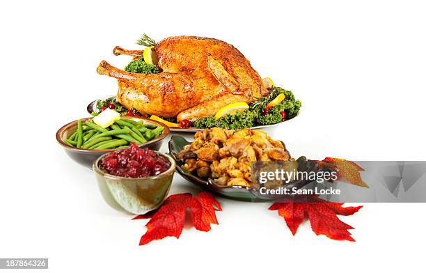 isolated turkey and trimmings - thanksgiving indulgence stock pictures, royalty-free photos & images