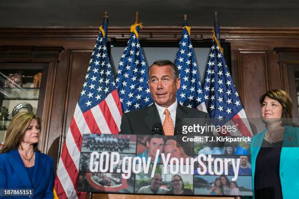 House Speaker John Boehner and House Republican leaders Rep. Lynn Jenkins , and Rep. Cathy McMorris Rodgers speak to the press after a conference...