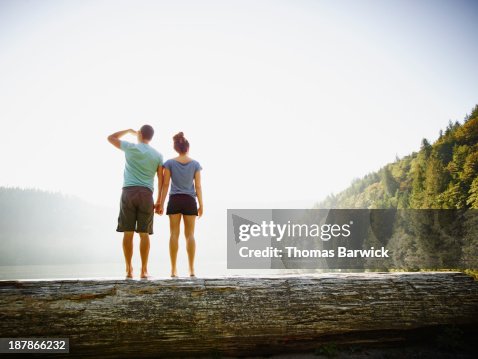 Couple standing on log on lakeshore holding hands Couple standing on log on lakeshore holding hands