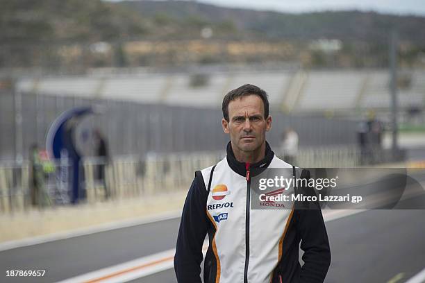 Alberto Pui, manager of Dani Pedrosa of Spain and Repsol Honda Team walks in pit during day 3 of MotoGP tests at Ricardo Tormo Circuit on November...