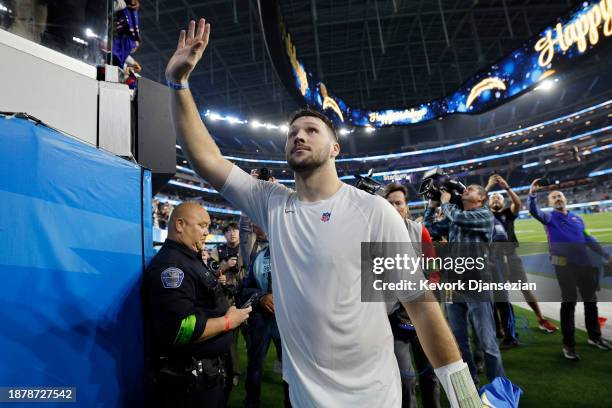 Josh Allen of the Buffalo Bills celebrates after beating the Los Angeles Chargers 24-22 at SoFi Stadium on December 23, 2023 in Inglewood, California.