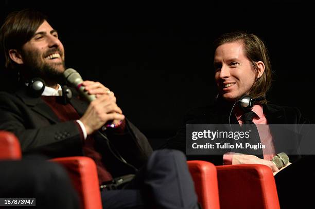 Actor Jason Schwartzman and director Wes Anderson speak during the 8th Rome Film Festival at the Auditorium Parco Della Musica on November 13, 2013...