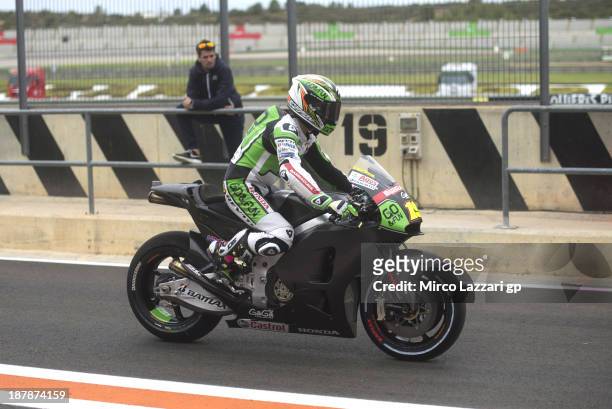 Alvaro Bautista of Spain and Go&Fun Honda Gresini starts from box with the new bike during day 3 of MotoGP tests at Ricardo Tormo Circuit on November...