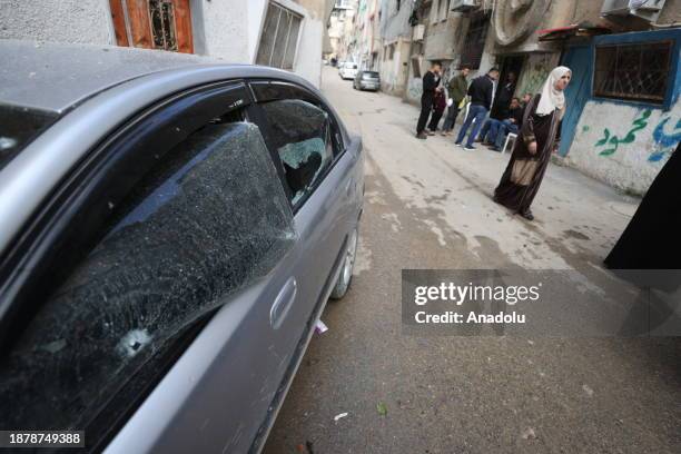 View of the damaged car after Israeli unmanned aerial vehicle attack targeting the Nur Shams refugee camp in Tulkarm, West Bank on December 27, 2023.