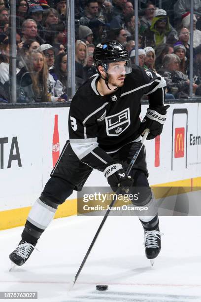 Jacob Moverare of the Los Angeles Kings skates with the puck during the second period against the Los Angeles Kings at Crypto.com Arena on December...