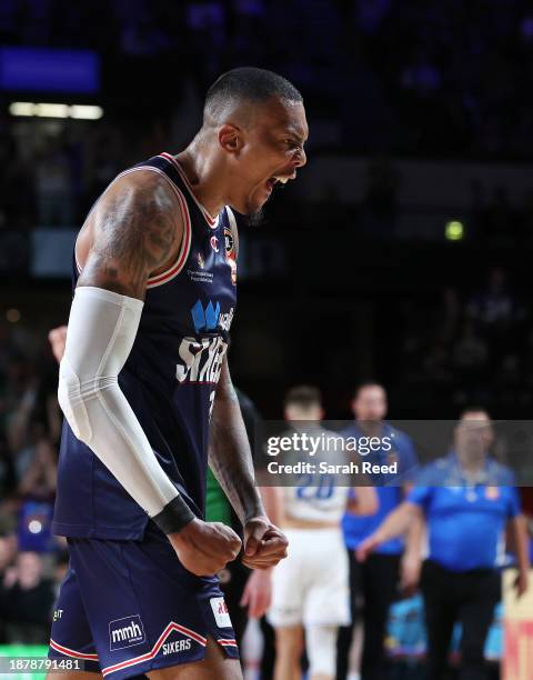 Jacob Wiley of the 36ers reacts after the win during the round 12 NBL match between Adelaide 36ers and Brisbane Bullets at Adelaide Entertainment...