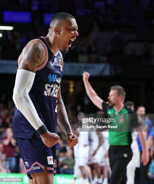 Jacob Wiley of the 36ers reacts after the win during the round 12 NBL match between Adelaide 36ers and Brisbane Bullets at Adelaide Entertainment...