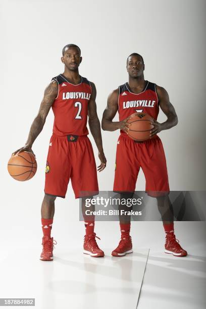 Season Preview: Portrait of Louisville guards Russ Smith and Chris Jones during photo shoot at KFC Yum! Center. Louisville, KY CREDIT: Bill Frakes