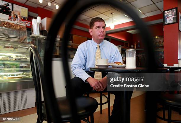 Boston Mayoral Candidate Marty Walsh inside a North End Cafe, taking a break from campaigning.