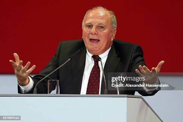 Uli Hoeness, President of FC Bayern Muenchen speaks during the FC Bayern Muenchen annual general meeting at Audi Dome on November 13, 2013 in Munich,...