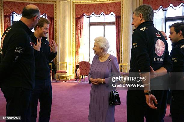 Prince Harry and Queen Elizabeth II in conversation, as Ed Parker , co-Founder of Walking with the Wounded and team mentor of Team USA as Team UK...