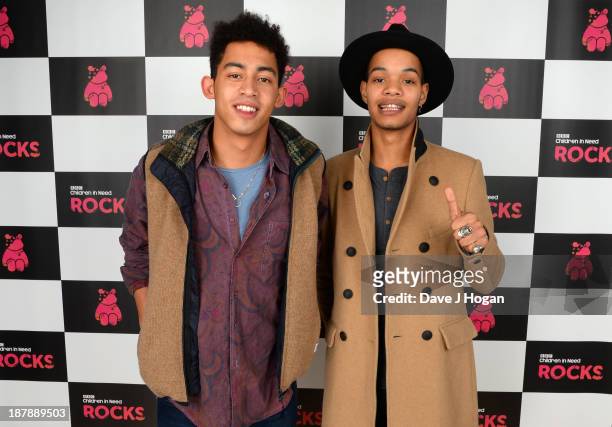 Jordan Stephens, Harley Alexander-Sule of Rizzle Kicks pose with backstage during the 'BBC Children In Need Rocks' at Hammersmith Eventim on November...