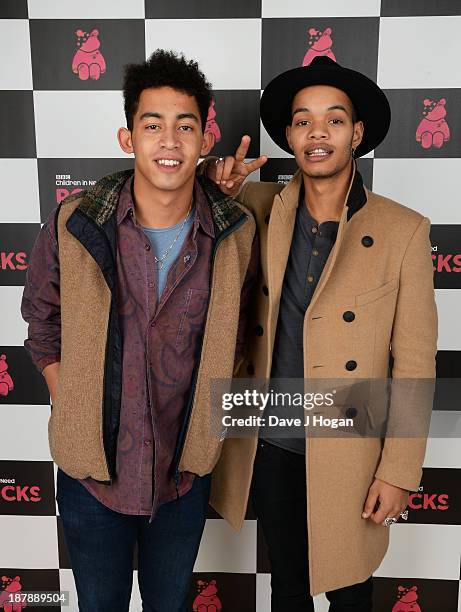 Jordan Stephens, Harley Alexander-Sule of Rizzle Kicks pose with backstage during the 'BBC Children In Need Rocks' at Hammersmith Eventim on November...