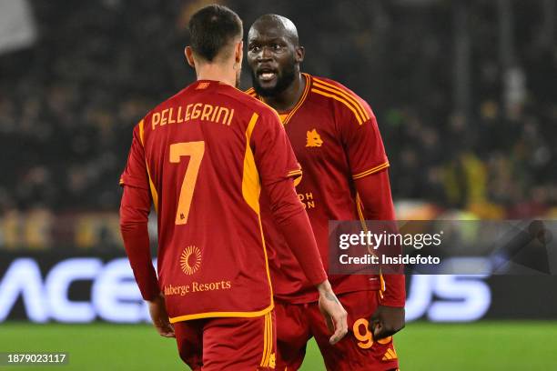 Lorenzo Pellegrini of AS Roma celebrates with Romelu Lukaku after scoring the goal of 1-0 during the Serie A football match between AS Roma and SSC...