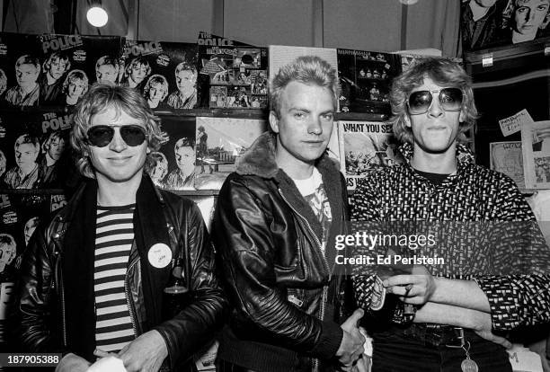 The Police (L-R_ Andy Summers, Sting and Stewart Copeland pose at an in-store appearance in Berkeley, California - March 5, 1979