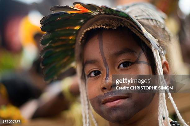 Child from the Brazilian Umutina tribe poses before the visit of Brazilian Sport Minister Aldo Rebelo at the XIIth Games for Indigenous People in...