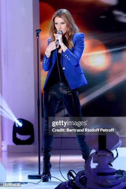 Singer Celine Dion performs at 'Vivement Dimanche' French TV Show, held at Pavillon Gabriel on November 13, 2013 in Paris, France.