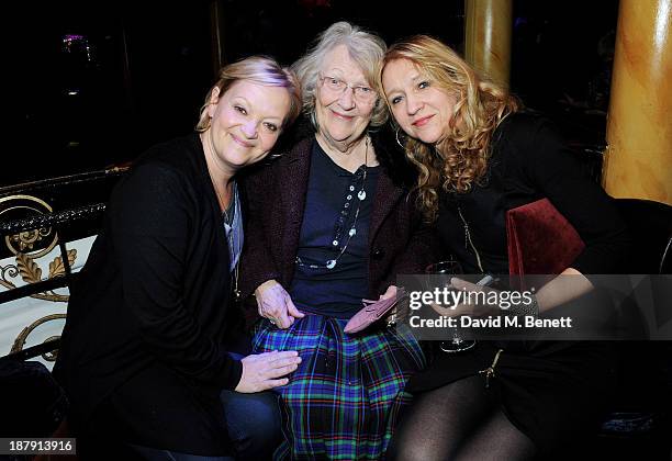 Maria Friedman, mother Clair Sims and Sonia Friedman attend an after party celebrating the press night performance of 'Mojo' at Cafe de Paris on...