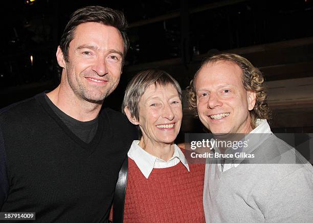 Hugh Jackman, mother Grace McNeil and producer Bruce Cohen pose backstage at "Big Fish" on Broadway at The Neil Simon Theater on November 13, 2013 in...