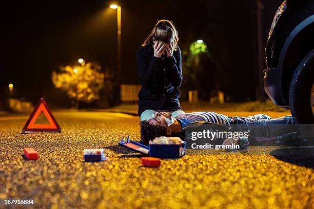 car accident with confused driver and injured pedestrian - dead bodies in car accident photos stock pictures, royalty-free photos & images