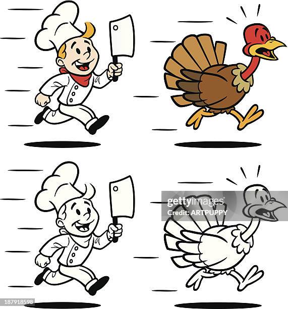 cook chasing turkey - cartoon thanksgiving stock illustrations