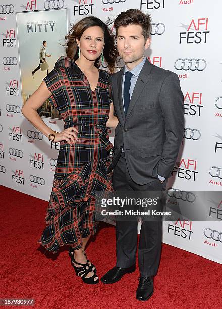 Actor Adam Scott and wife Naomi Sablan attend the 'The Secret Life Of Walter Mitty' premiere during AFI FEST 2013 presented by Audi at TCL Chinese...