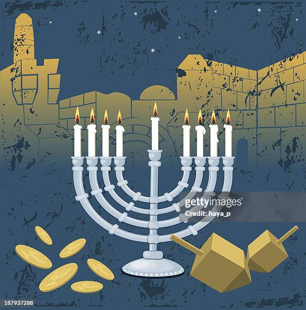 ilustrações, clipart, desenhos animados e ícones de menorah, hanukkah, jerusalém, dreidel, gelt - muro das lamentações