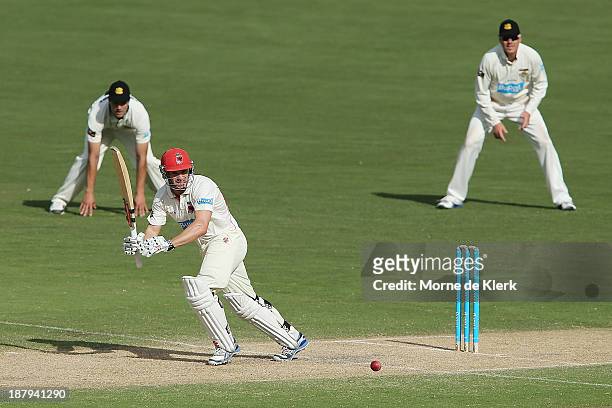 Michael Klinger of the Redbacks bats during day two of the Sheffield Shield match between the Redbacks and the Warriors at Adelaide Oval on November...