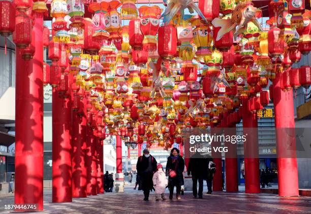 Street is decorated with festive lanterns to welcome the Chinese New Year on December 24, 2023 in Shenyang, Liaoning Province of China.