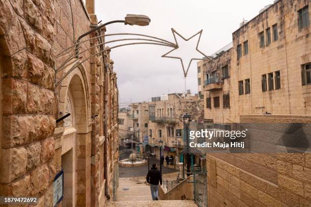 Empty streets are seen on the morning on December 24, 2023 in Bethlehem, West Bank. Last month, Christian Palestinian leaders here called off public...