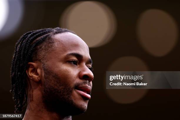 Raheem Sterling of Chelsea looks on as he warms up prior to the Premier League match between Wolverhampton Wanderers and Chelsea FC at Molineux on...