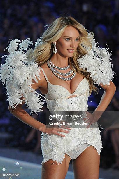 Model Lily Aldridge walks the runway wearing corset using Swarovski Crystals at the 2013 Victoria's Secret Fashion Show at Lexington Avenue Armory on...