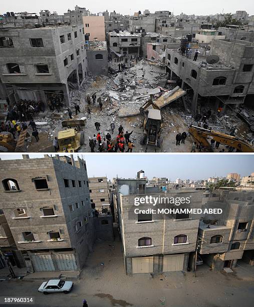 This combination made on November 14, 2013 shows Palestinians gathering at the scene of an Israeli air raid in Beit Lahia in the Gaza Strip on...