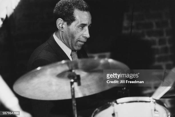 American jazz percussionist, drummer, and composer Max Roach performs at the 'Blues Alley' club, Washington DC, 1981.