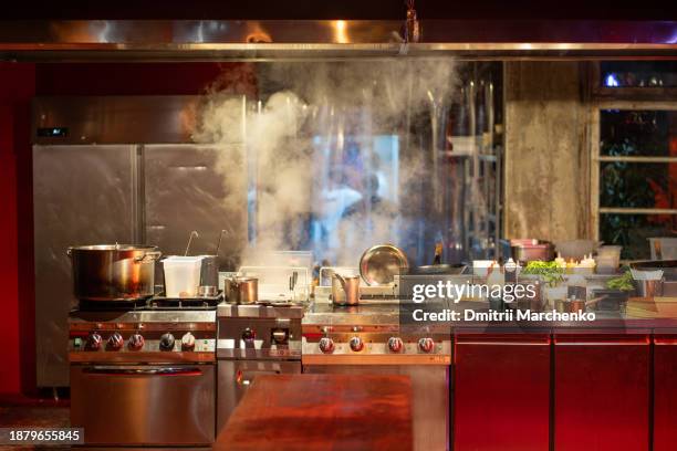 modern commercial kitchen in restaurant. pots with boiling water on stove preparations for cooking - georgia steel stock pictures, royalty-free photos & images