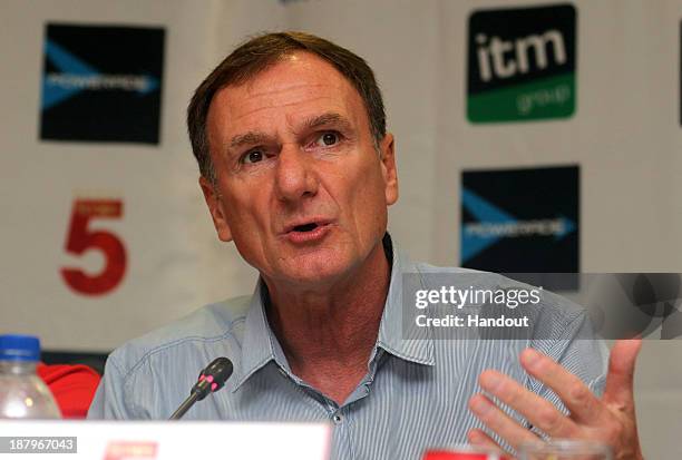 In this handout image provided by the ITM Group, Phil Thompson attends the Liverpool FC Legends Tour Pre-match press conference at Moses Mabhida...