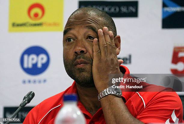 In this handout image provided by the ITM Group, John Barnes attends the Liverpool FC Legends Tour Pre-match press conference at Moses Mabhida...