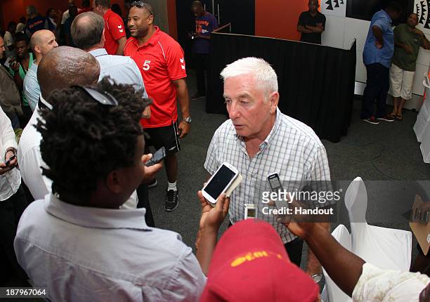 In this handout image provided by the ITM Group, John Barnes and Roy Evans attend the Liverpool FC Legends Tour Pre-match press conference at Moses...