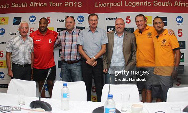 In this handout image provided by the ITM Group, Roy Evans, John Barnes, Phil Thompson, Pete de Wet, Neil Tovey and Stanton Fredericks attend the...