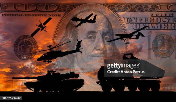 tank, helicopter, drones, mlrs on a background of 100 us dollars - congress bill stock pictures, royalty-free photos & images