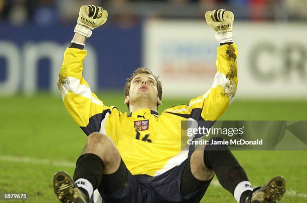 Czech Republic Keeper Petr Cech celebrates after saving France's final penalty during the European Under 21's Final Tournament, Final game between...