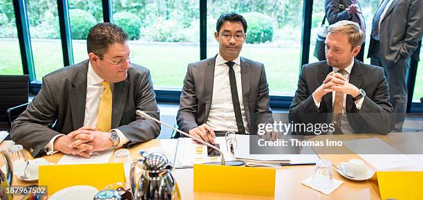 General Secretary of the FDP Patrick Doering , German Economy Minister and Vice Chancellor Philipp Roesler and Christian Lindner before the start of...