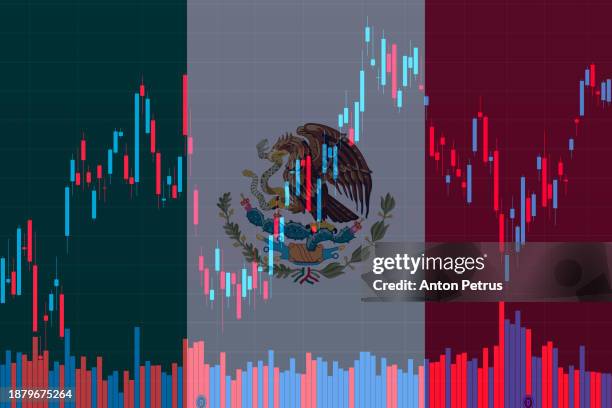 mexican flag on background of financial data - pact for mexico stock pictures, royalty-free photos & images