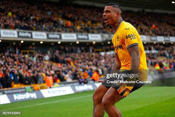 Mario Lemina of Wolverhampton Wanderers celebrates scoring a goal during the Premier League match between Wolverhampton Wanderers and Chelsea FC at...