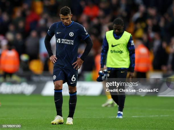Thiago Silva of Chelsea looks dejected after defeat to Wolverhampton Wanderers during the Premier League match between Wolverhampton Wanderers and...