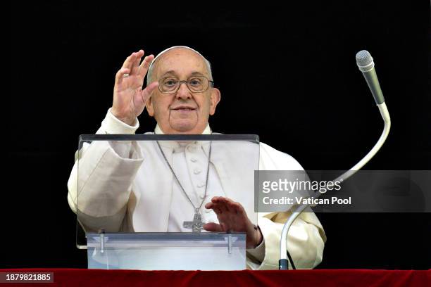 Pope Francis delivers his Sunday Angelus blessing from his studio overlooking St. Peter's Square on December 24, 2023 in Vatican City, Vatican....