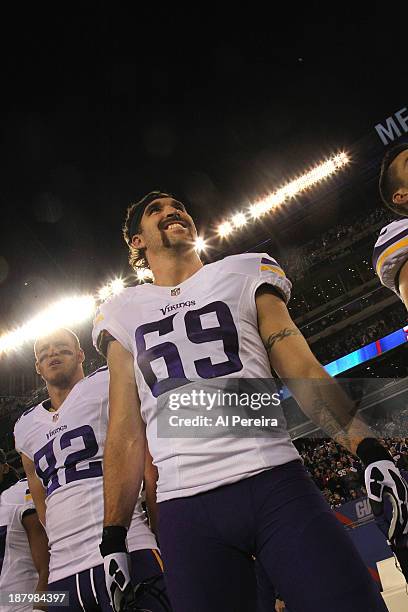 Defensive End Jared Allen of the Minnesota Vikings follows the action before the game against the New York Giants at MetLife Stadium on October 21,...