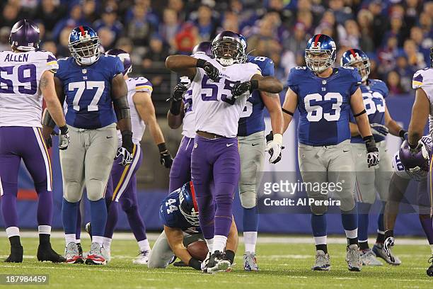 Linebacker Marvin Mitchell of the Minnesota Vikings makes a stop against the New York Giants at MetLife Stadium on October 21, 2013 in East...