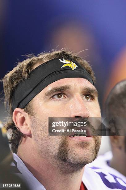 Defensive End Jared Allen of the Minnesota Vikings follows the action before the game against the New York Giants at MetLife Stadium on October 21,...